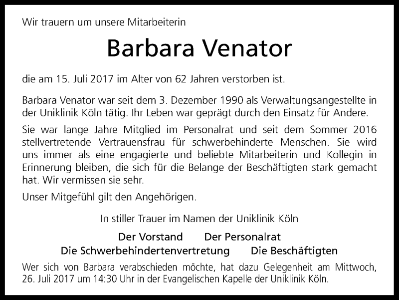  Traueranzeige für Barbara Venator vom 22.07.2017 aus Kölner Stadt-Anzeiger / Kölnische Rundschau / Express