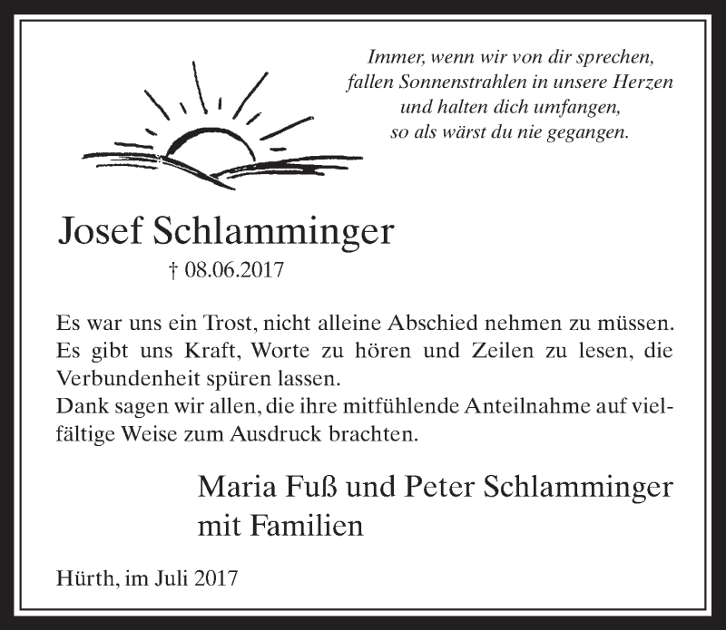  Traueranzeige für Josef Schlamminger vom 26.07.2017 aus  Wochenende 