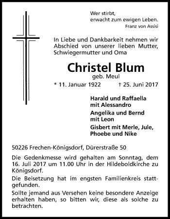 Anzeige von Christel Blum von Kölner Stadt-Anzeiger / Kölnische Rundschau / Express