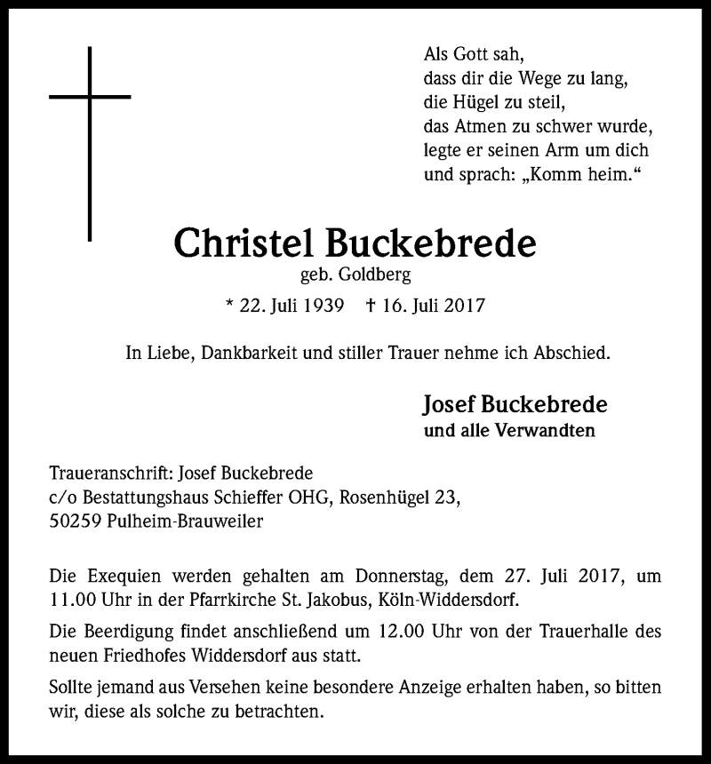  Traueranzeige für Christel Buckebrede vom 22.07.2017 aus Kölner Stadt-Anzeiger / Kölnische Rundschau / Express
