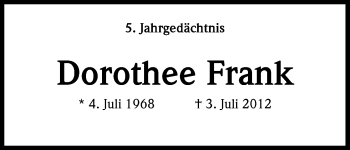 Anzeige von Dorothee Frank von Kölner Stadt-Anzeiger / Kölnische Rundschau / Express