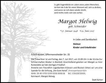 Anzeige von Margot Helwig von Kölner Stadt-Anzeiger / Kölnische Rundschau / Express