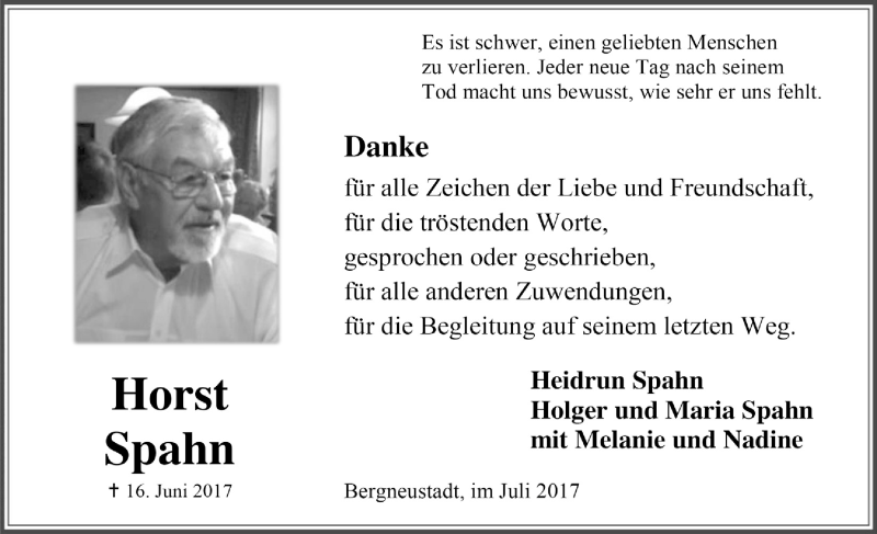  Traueranzeige für Horst Spahn vom 26.07.2017 aus  Anzeigen Echo 