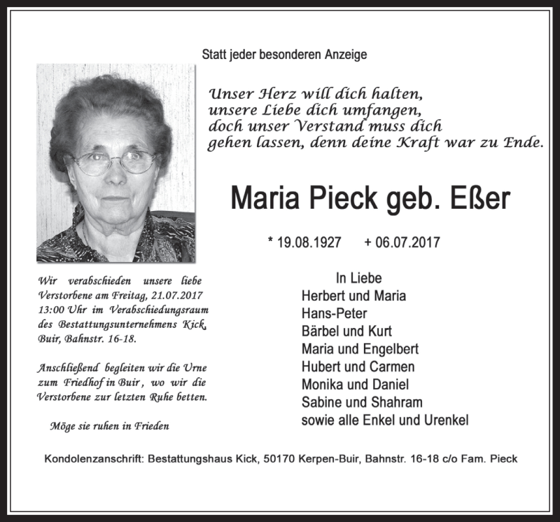  Traueranzeige für Maria Pieck vom 19.07.2017 aus  Werbepost 