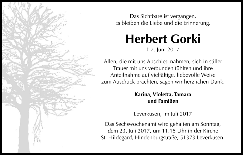  Traueranzeige für Herbert Gorki vom 12.07.2017 aus Kölner Stadt-Anzeiger / Kölnische Rundschau / Express