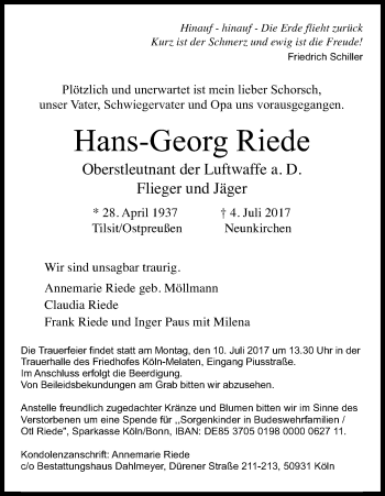 Anzeige von Hans-Georg Riede von Kölner Stadt-Anzeiger / Kölnische Rundschau / Express