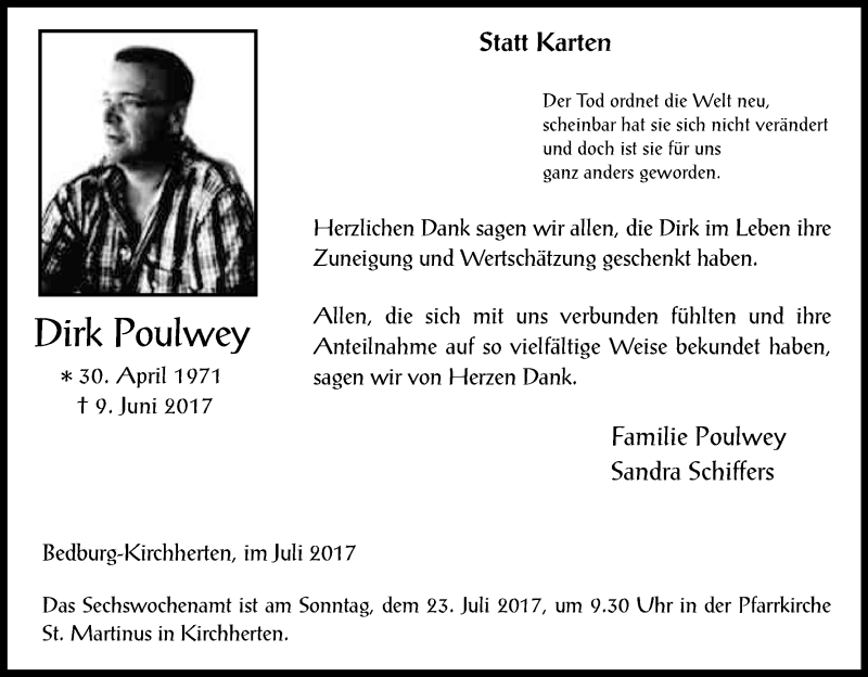  Traueranzeige für Dirk Poulwey vom 15.07.2017 aus Kölner Stadt-Anzeiger / Kölnische Rundschau / Express