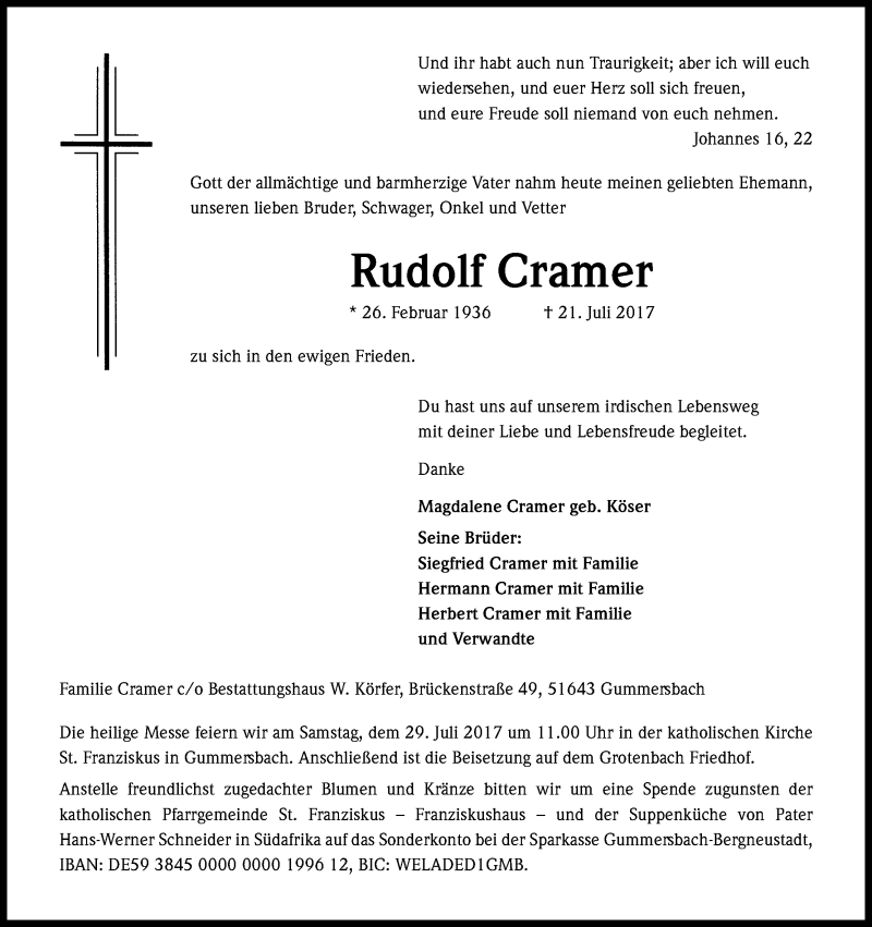  Traueranzeige für Rudolf Cramer vom 25.07.2017 aus Kölner Stadt-Anzeiger / Kölnische Rundschau / Express