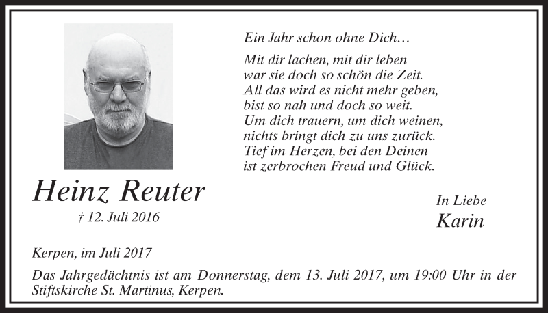  Traueranzeige für Heinz Reuter vom 08.07.2017 aus  Sonntags-Post 