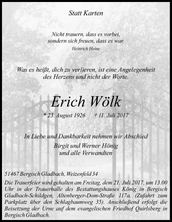 Anzeige von Erich Wölk von Kölner Stadt-Anzeiger / Kölnische Rundschau / Express