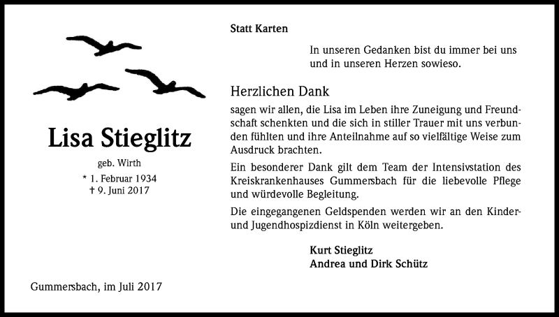  Traueranzeige für Lisa Stieglitz vom 26.07.2017 aus Kölner Stadt-Anzeiger / Kölnische Rundschau / Express