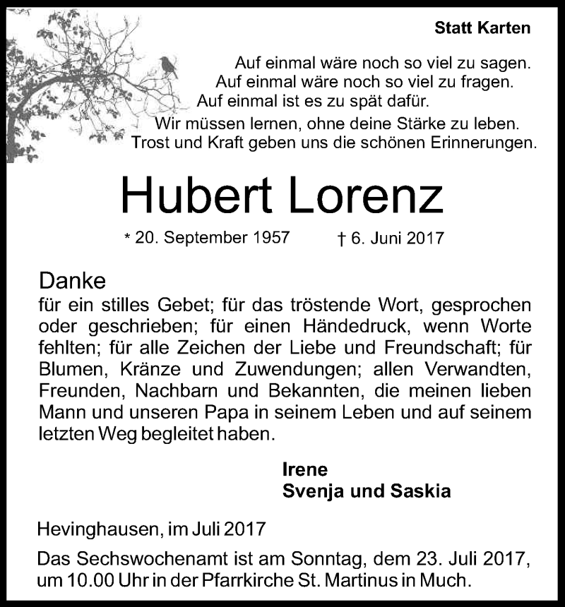  Traueranzeige für Hubert Lorenz vom 15.07.2017 aus Kölner Stadt-Anzeiger / Kölnische Rundschau / Express