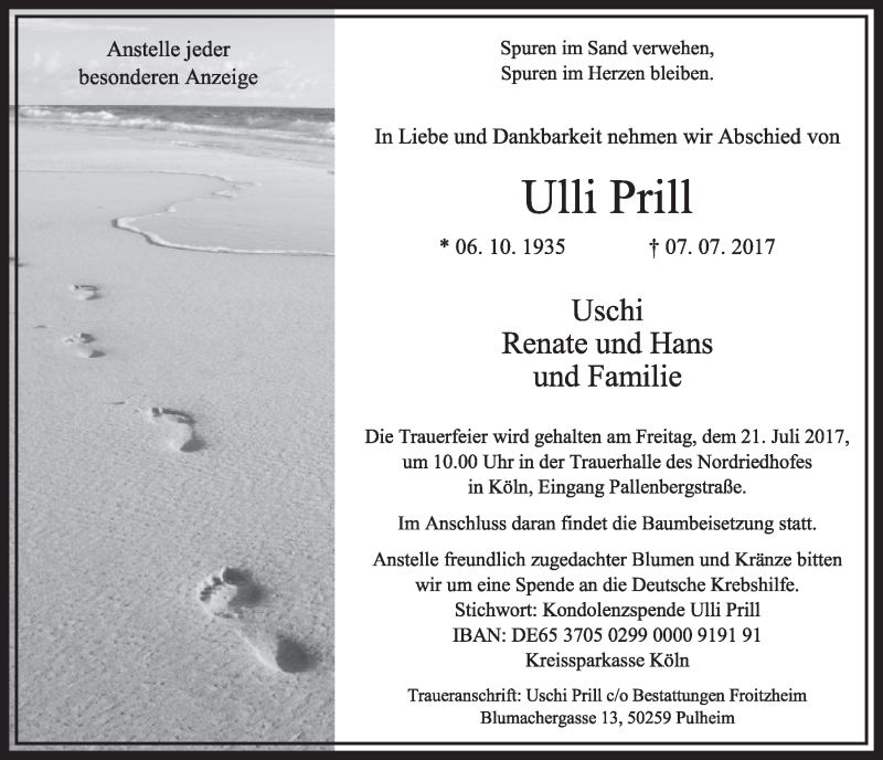  Traueranzeige für Ulli Prill vom 15.07.2017 aus  Sonntags-Post 