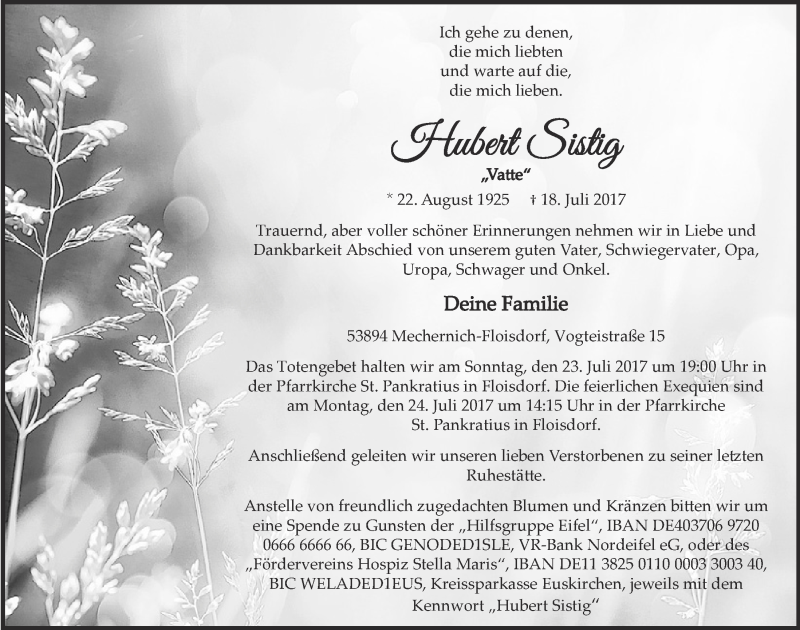  Traueranzeige für Hubert Sistig vom 22.07.2017 aus  Blickpunkt Euskirchen 