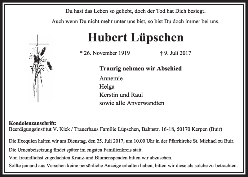  Traueranzeige für Hubert Lüpschen vom 22.07.2017 aus  Sonntags-Post 