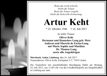 Anzeige von Artur Keht von Kölner Stadt-Anzeiger / Kölnische Rundschau / Express