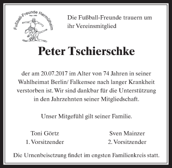 Anzeige von Peter Tschierschke von  Wochenende 