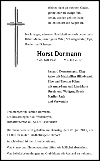 Anzeige von Horst Dormann von Kölner Stadt-Anzeiger / Kölnische Rundschau / Express