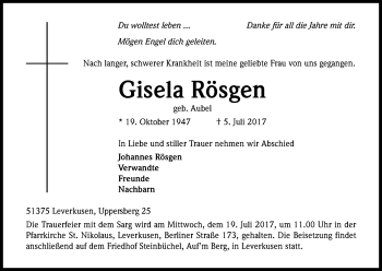 Anzeige von Gisela Rösgen von Kölner Stadt-Anzeiger / Kölnische Rundschau / Express