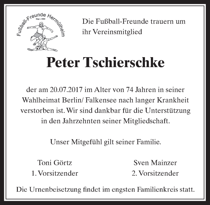  Traueranzeige für Peter Tschierschke vom 26.07.2017 aus  Wochenende 