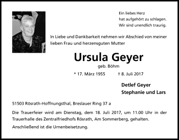Anzeige von Ursula Geyer von Kölner Stadt-Anzeiger / Kölnische Rundschau / Express