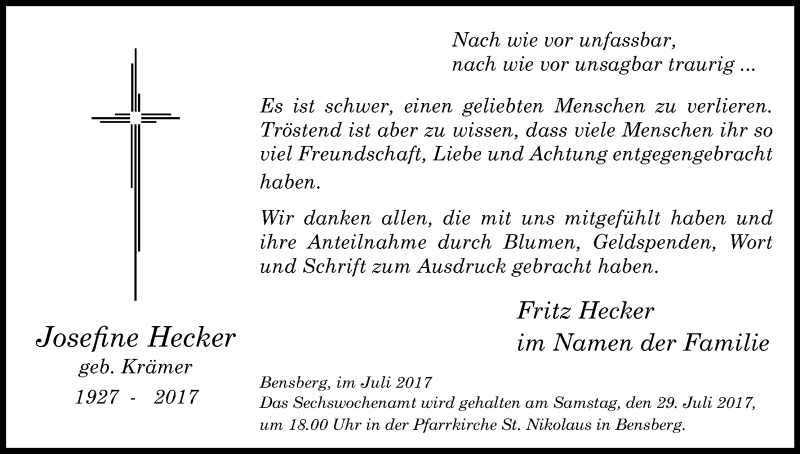  Traueranzeige für Josefine Hecker vom 22.07.2017 aus Kölner Stadt-Anzeiger / Kölnische Rundschau / Express