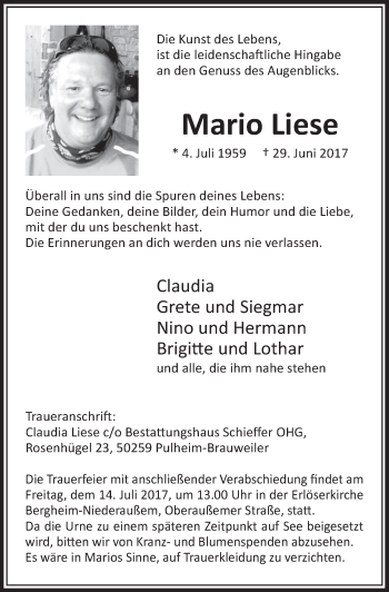 Anzeige von Mario Liese von  Sonntags-Post 