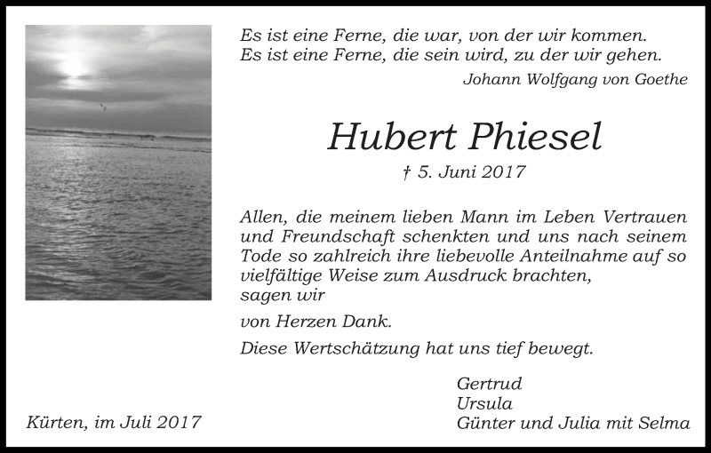  Traueranzeige für Hubert Phiesel vom 15.07.2017 aus Kölner Stadt-Anzeiger / Kölnische Rundschau / Express
