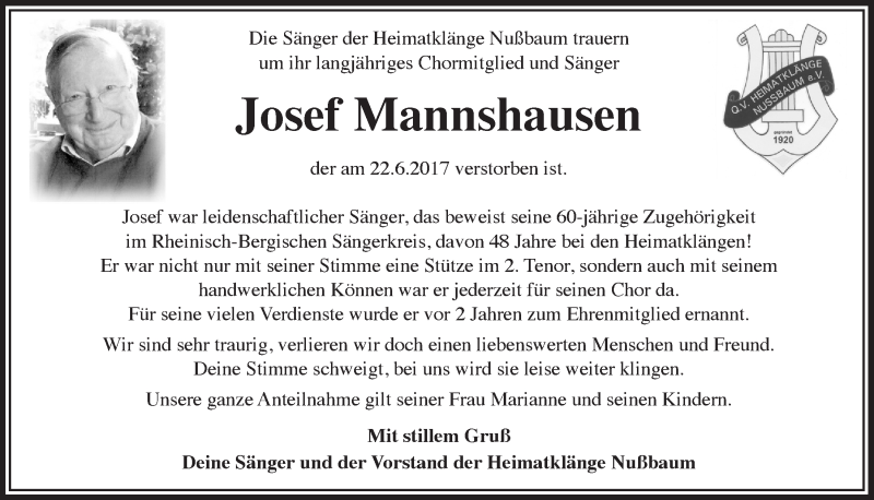  Traueranzeige für Josef Mannshausen vom 15.07.2017 aus  Bergisches Sonntagsblatt 