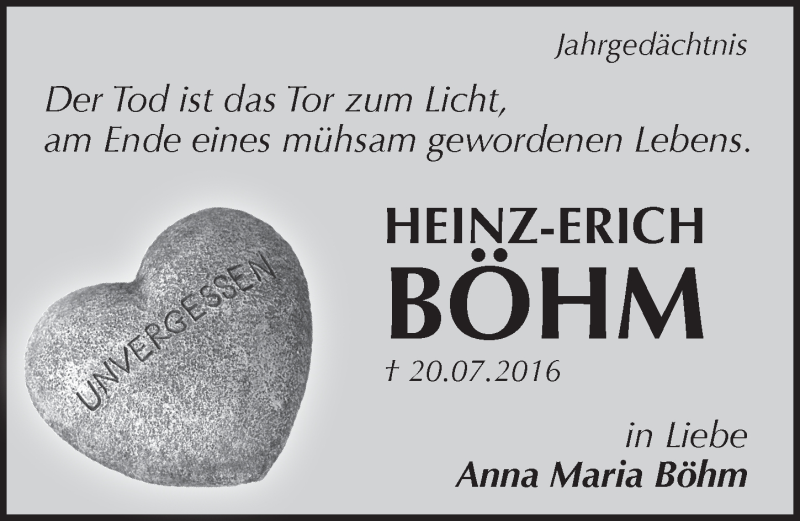  Traueranzeige für Heinz-Erich Böhm vom 26.07.2017 aus  Anzeigen Echo 
