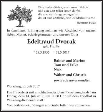 Anzeige von Edeltraud Dvorak von  Schlossbote/Werbekurier 
