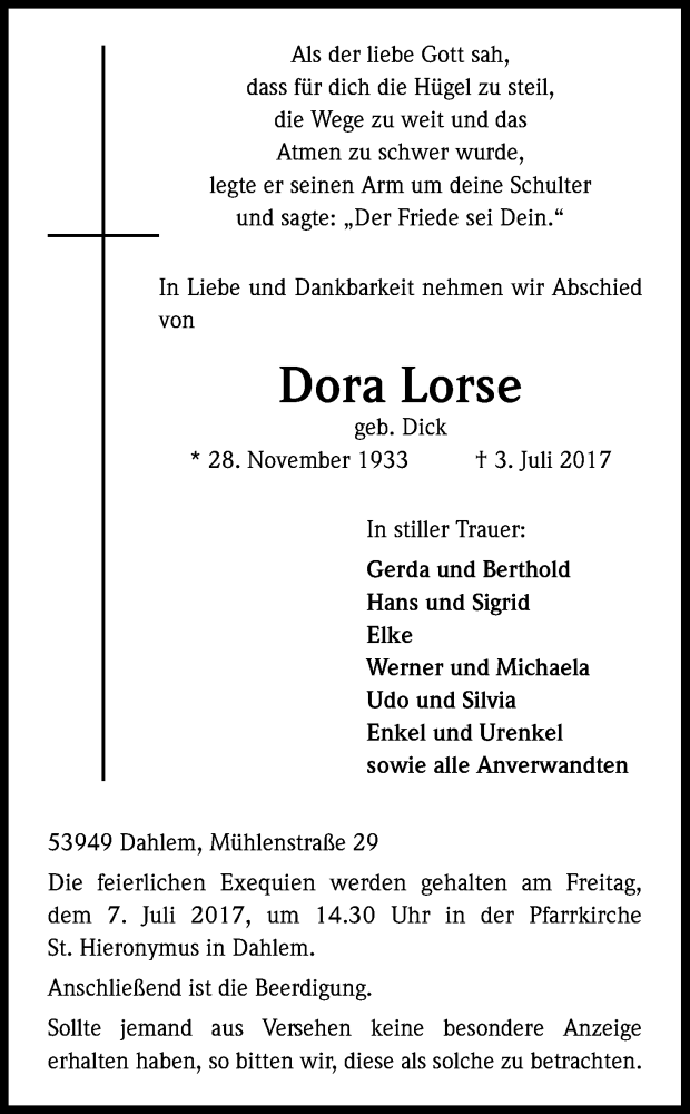  Traueranzeige für Dora Lorse vom 05.07.2017 aus Kölner Stadt-Anzeiger / Kölnische Rundschau / Express