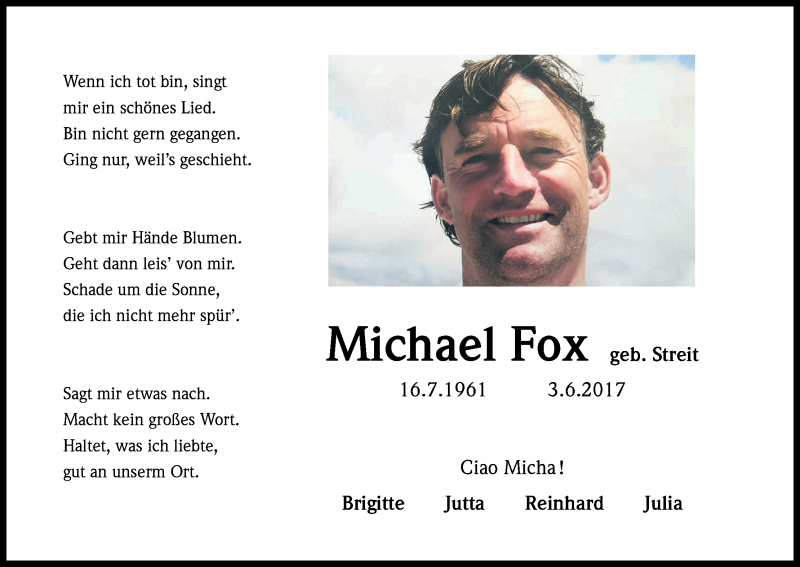  Traueranzeige für Michael Fox vom 08.07.2017 aus Kölner Stadt-Anzeiger / Kölnische Rundschau / Express