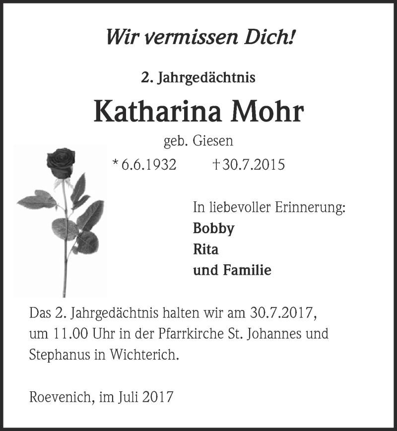  Traueranzeige für Katharina Mohr vom 22.07.2017 aus  Blickpunkt Euskirchen 