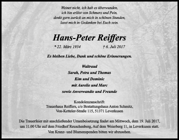 Anzeige von Hans-Peter Reiffers von Kölner Stadt-Anzeiger / Kölnische Rundschau / Express