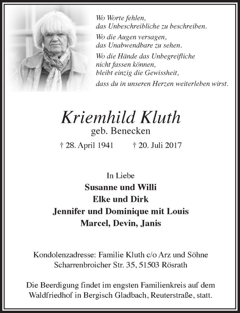  Traueranzeige für Kriemhild Kluth vom 26.07.2017 aus  Bergisches Handelsblatt 