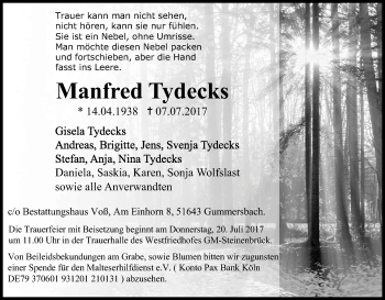 Anzeige von Manfred Tydecks von Kölner Stadt-Anzeiger / Kölnische Rundschau / Express
