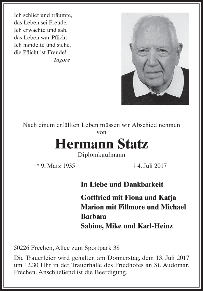  Traueranzeige für Hermann Statz vom 08.07.2017 aus  Sonntags-Post 