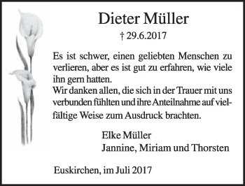Anzeige von Dieter Müller von  Schlossbote/Werbekurier 