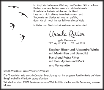 Anzeige von Ursula Ritter von  Lokalanzeiger 