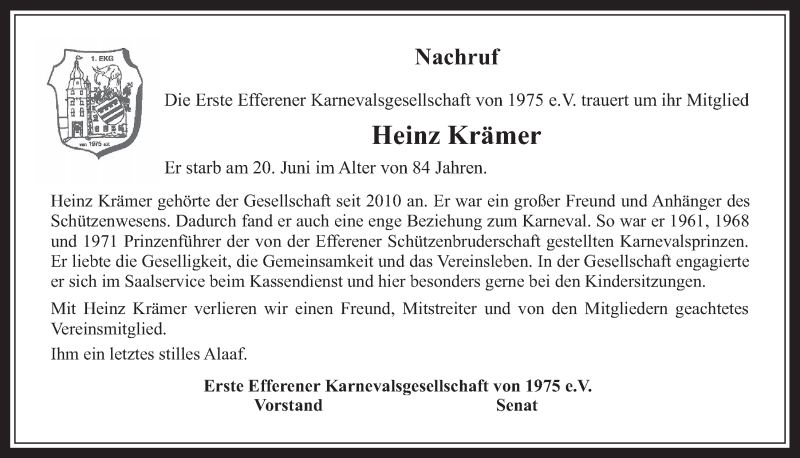  Traueranzeige für Heinz Krämer vom 19.07.2017 aus  Wochenende 