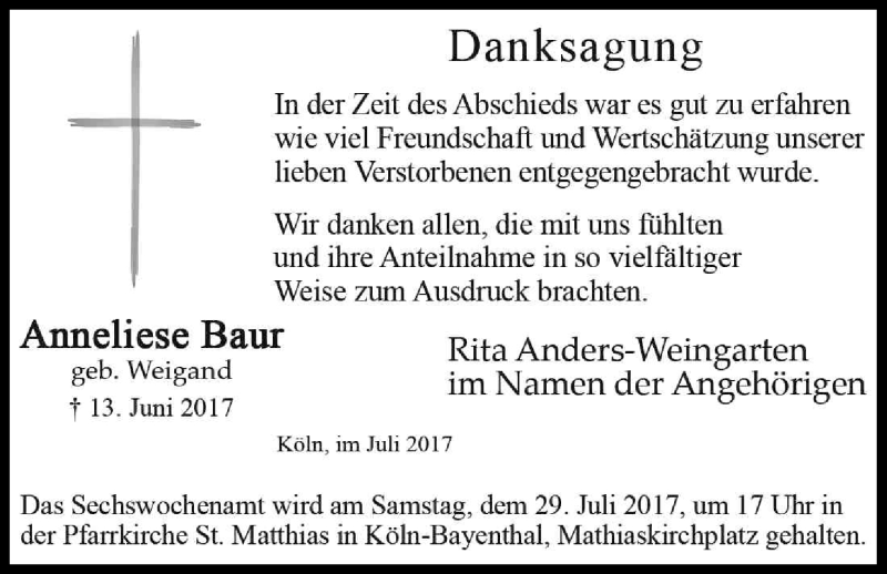  Traueranzeige für Anneliese Baur vom 21.07.2017 aus Kölner Stadt-Anzeiger / Kölnische Rundschau / Express
