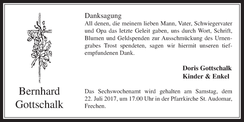  Traueranzeige für Bernhard Gottschalk vom 12.07.2017 aus  Wochenende 