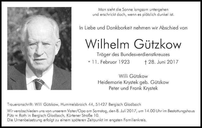  Traueranzeige für Wilhelm Gützow vom 05.07.2017 aus Kölner Stadt-Anzeiger / Kölnische Rundschau / Express