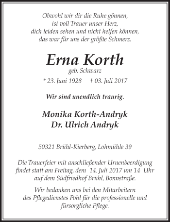 Anzeige von Erna Korth von  Schlossbote/Werbekurier 