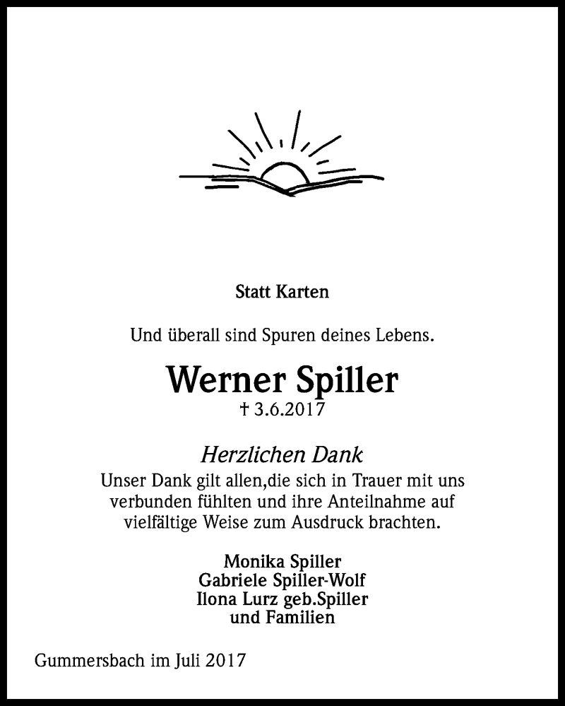  Traueranzeige für Werner Spiller vom 19.07.2017 aus  Anzeigen Echo 