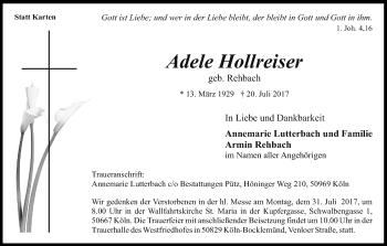 Anzeige von Adele Hollreiser von Kölner Stadt-Anzeiger / Kölnische Rundschau / Express