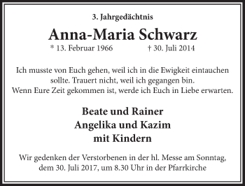 Anzeige von Anna-Maria Schwarz von  Sonntags-Post 