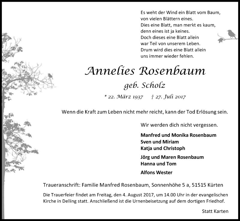 Traueranzeige für Annelies Rosenbaum vom 29.07.2017 aus Kölner Stadt-Anzeiger / Kölnische Rundschau / Express