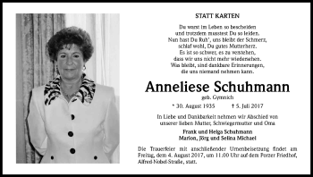 Anzeige von Anneliese Schuhmann von Kölner Stadt-Anzeiger / Kölnische Rundschau / Express